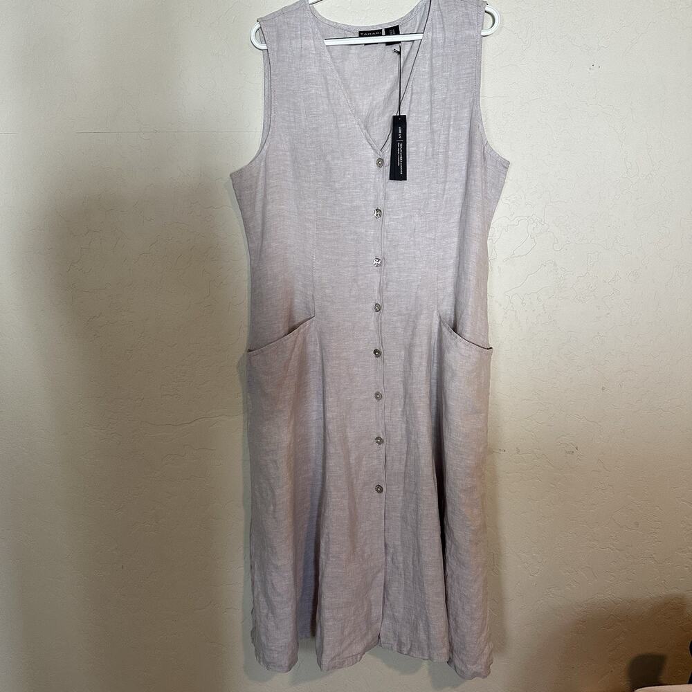 Tahari 100% Linen Midi button down Beige Dress Sleeveless pockets Teacher
